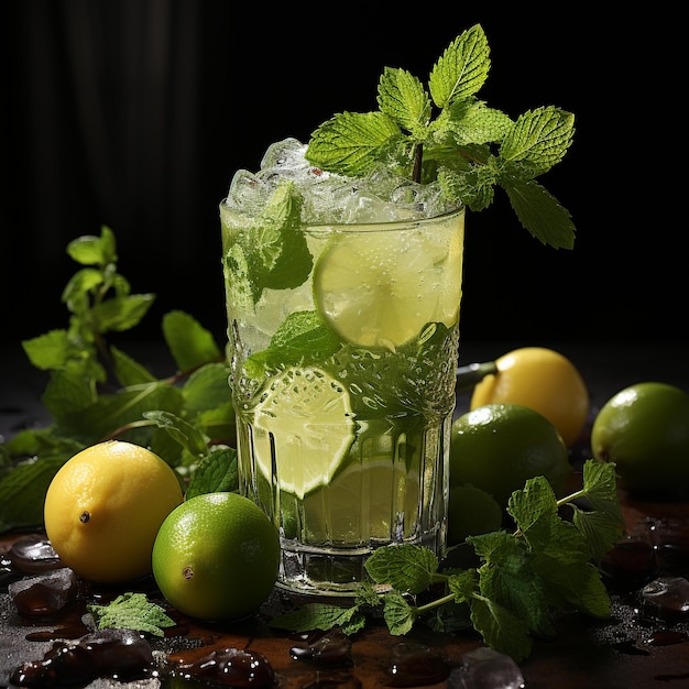 Classic mojito cocktail isolato su superficie nera