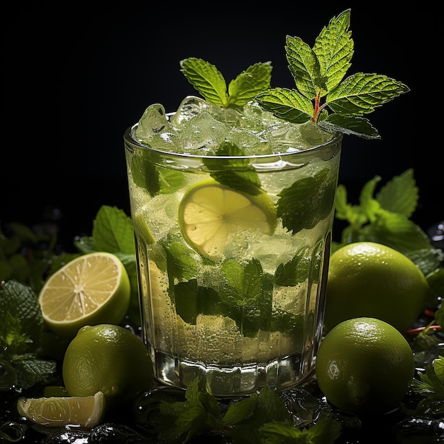 Classic mojito cocktail isolato su superficie nera