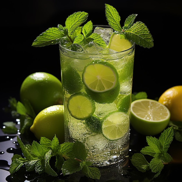 Classic mojito cocktail isolato su superficie nera