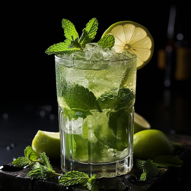 Classic mojito cocktail isolato su superficie nera