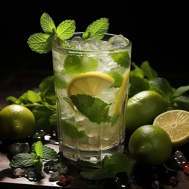 Classic mojito cocktail isolato su superficie nera