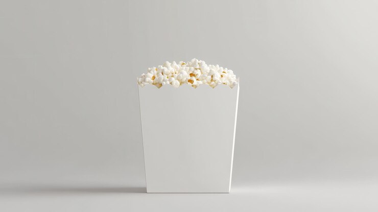 Classic white popcorn box filled with buttery popcorn against a neutral backdrop ideal for movie nights or snack time