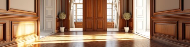 Classic Wooden Doors Interior Panorama Rendering 3D dell'invitante ingresso del soggiorno