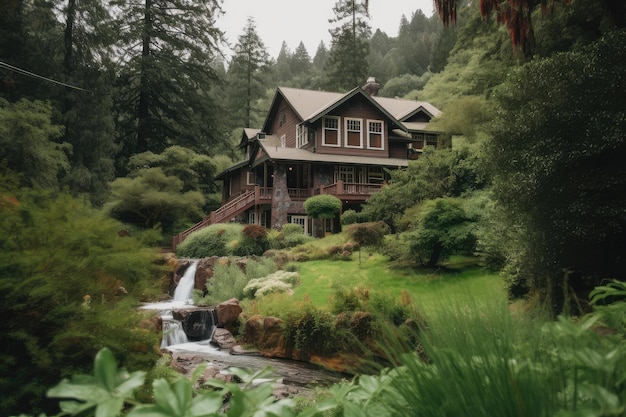 Classica casa artigiana immersa nel verde lussureggiante con cascata visibile sullo sfondo