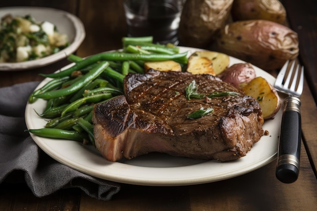 Classica cena a base di bistecca e patate con patate arrosto e fagiolini freschi