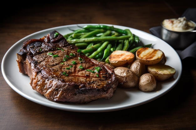 Classica cena a base di bistecca e patate con patate arrosto e fagiolini freschi