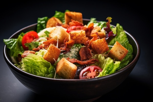 Classica insalata cesare con pancetta mescolata con insalata verde crouton pane croccante pancetta croccante e pomodoro