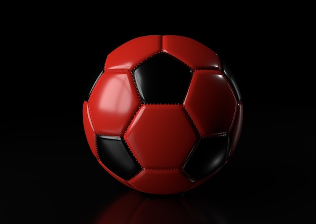 Classica palla da calcio rossa nera isolata su sfondo nero illustrazione di rendering 3D
