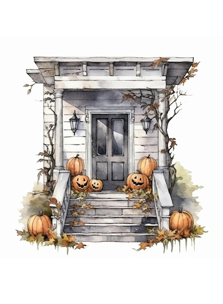 Classica porta d'ingresso con portico e scale decorate con caduta Halloween zucche concetto di vacanza autunnale Illustrazione dell'acquerello disegnata a mano