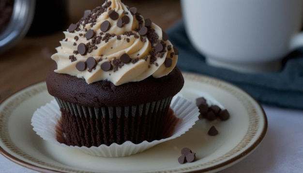 Classici cupcake al cioccolato con scaglie di cioccolato e glassa al burro alla vaniglia