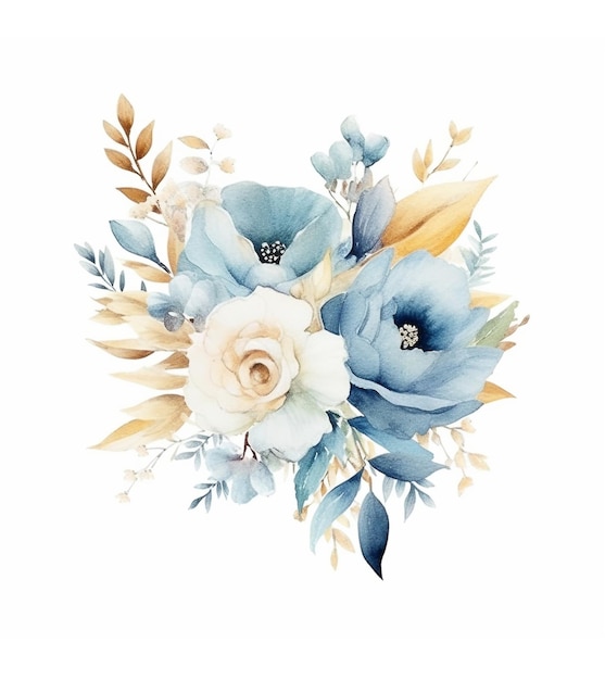 Classici fiori in oro bianco blu verde e mazzi di foglie tropicali dorate Collezione di colori alla moda Isolato e modificabile