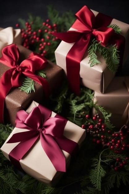 Classici regali di Natale e regali di festa confezioni regalo avvolte sotto l'albero di Natale Santo Stefano e vacanze shopping generativo ai