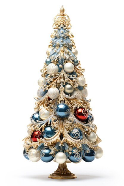 Classico albero di Natale decorato con palline e stelle isolate su sfondo bianco