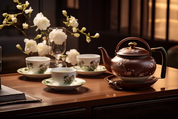 Classico banchetto del tè sul tavolo con teiera e tazze in stile cinese