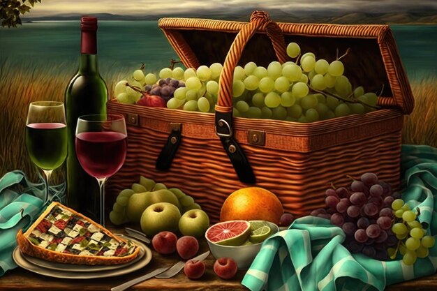 Classico cestino da picnic pieno di panini, frutta e bicchieri da vino creati con intelligenza artificiale generativa