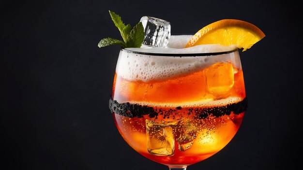 Classico cocktail italiano Aperol spritz in vetro su nero da vicino