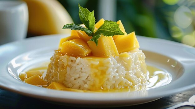 Classico dessert di riso appiccicoso di mango thailandese guarnito con menta su un piatto bianco