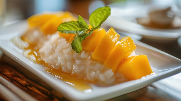 Classico dessert di riso appiccicoso di mango thailandese guarnito con menta su un piatto bianco