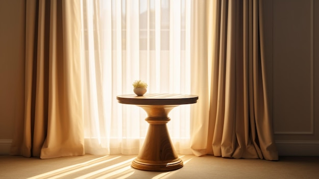 Classico e lussuoso tavolino rotondo in legno con piedistallo alla luce del sole dalla finestra