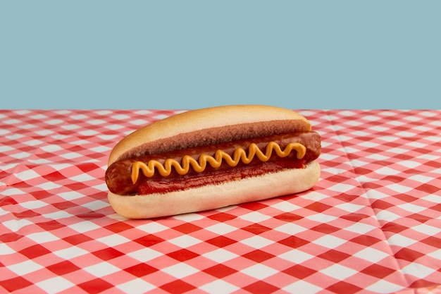 Classico hot dog con wurst ketchup e senape nel menu del tavolo da picnic per il ristorante