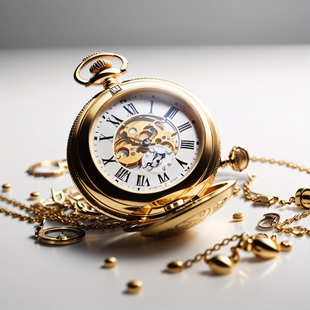 Classico lussuoso orologio da tasca dorato con sfondo semplice che mostra il tempo