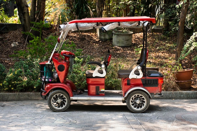 Classico moderno rosso golf cart auto elettrica fermata su strada nel parco giardino del tempio Wat Samphran a Sam Phran città a Nakhon Pathom Thailandia