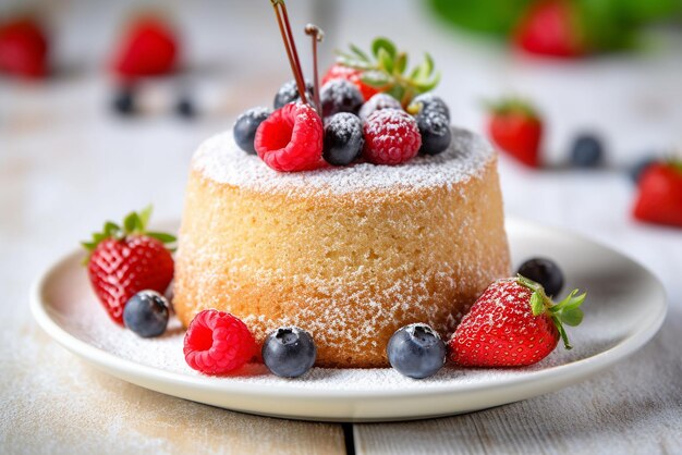 Classico pan di Spagna alla vaniglia con frutti di bosco freschi su piatto bianco Delizia fatta in casa su fondo in legno chiaro