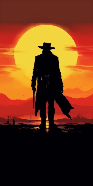 Classico poster di film western retrò con una silhouette di un uomo sceriffo fuorilegge che tiene una pistola al tramonto