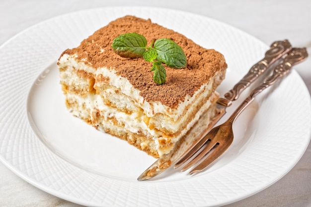 Classico tiramisù da dessert italiano di savoiardi o savoiardi imbevuto di caffè espresso e mascarpone mescolato con albumi d'uovo sbattuti servito su un piatto bianco con menta fresca su un tavolo di marmo, primo piano