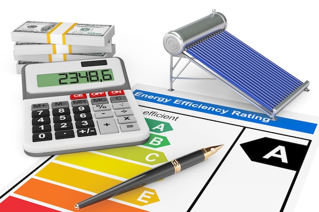 Classificazione di efficienza energetica con pannello scaldabagno solare su sfondo bianco