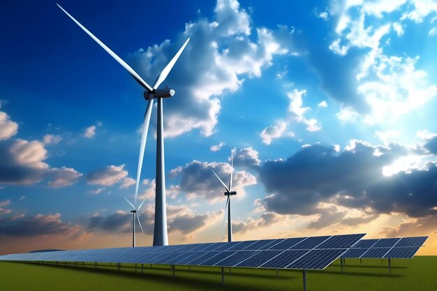 Clean Energy Vision Pannelli solari e generatori eolici tra cieli nuvolosi Generato Ai