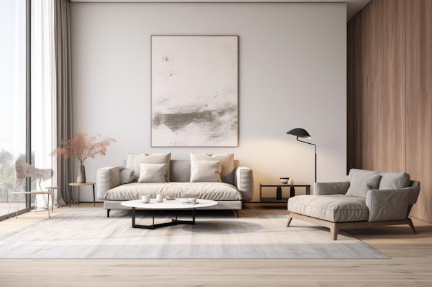 Clean minimal design interno camera da letto in colore crema con letto moderno e decorazione
