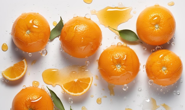 Clementine con gocce d'acqua su sfondo bianco Generative A