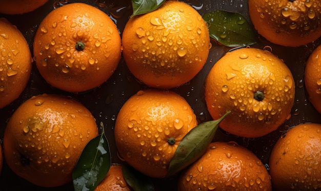 Clementine con gocce d'acqua su sfondo scuro IA generativa