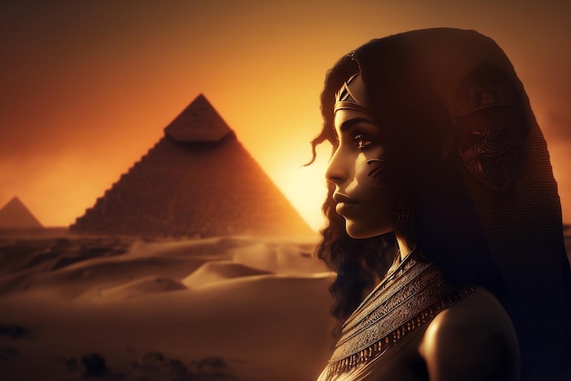 Cleopatra in un tramonto con le piramidi di Giza sullo sfondo in Egitto Arte generata da Ai