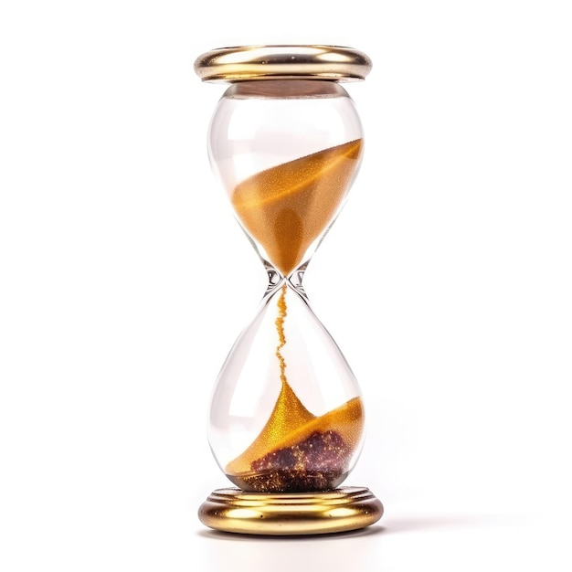 Clessidra di sabbia dorata su sfondo bianco simbolo del tempo che sta per scadere Conto alla rovescia per la gestione del tempo di scadenza e il concetto di urgenza IA generativa