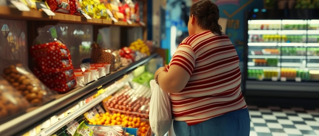 Cliente che sfoglia un corridoio di un supermercato che riflette lo shopping quotidiano e le scelte dei consumatori