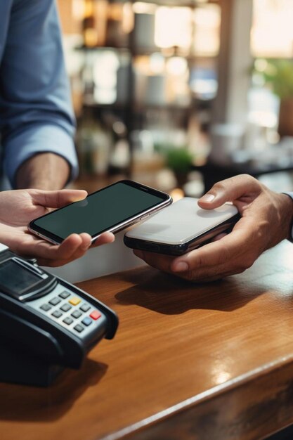 cliente che utilizza il telefono per il pagamento in un caffè ristorante tecnologia senza contanti e concetto di trasferimento di denaro