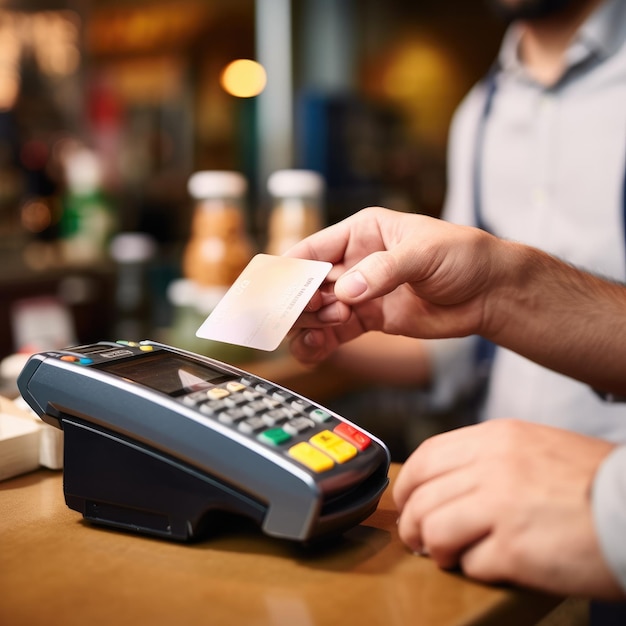 Cliente che utilizza una carta di credito per il pagamento al proprietario in un caffè tecnologia senza contanti Generative ai