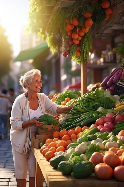 Cliente felice all'aperto Shopping per verdure fresche naturali a Street Marketing Space per testo