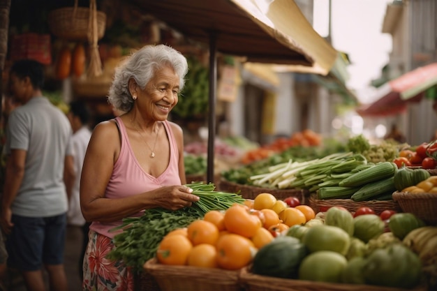 Cliente felice all'aperto Shopping per verdure fresche naturali a Street Marketing Space per testo