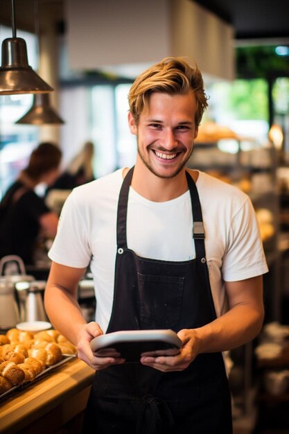 cliente in una caffetteria che paga usando un lettore digitale per tablet