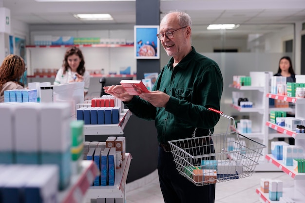 Cliente senior che esamina il pacchetto di farmaci durante l'acquisto di farmaci in farmacia. Vecchio cliente leggendo il volantino delle pillole di cardiologia, acquistando un trattamento farmaceutico per curare la malattia. Assistenza sanitaria