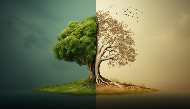 climate change concept with split scene of tree