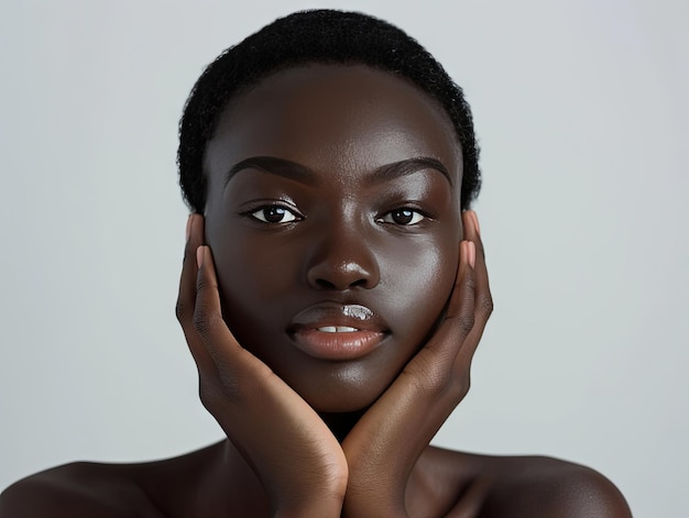 Clinica di bellezza per la cura della pelle bella donna africana che posa con le mani sul viso