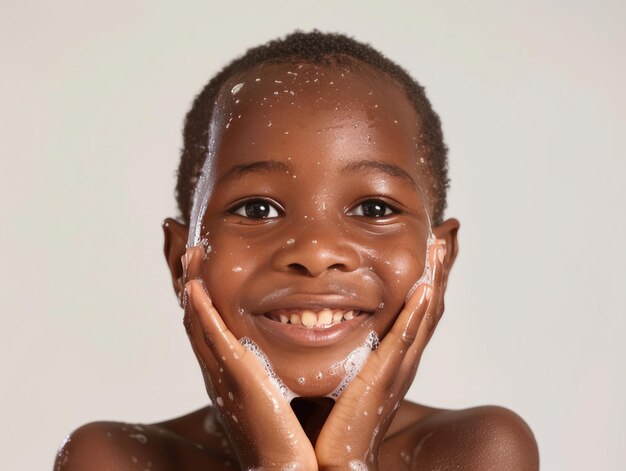 Clinica di bellezza per la cura della pelle carino ragazzino africano che posa per il lavaggio del viso