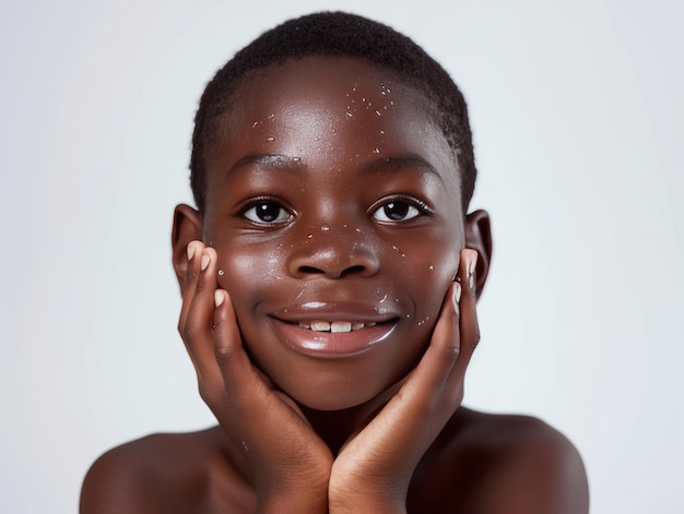 Clinica di bellezza per la cura della pelle carino ragazzino africano che posa per il lavaggio del viso