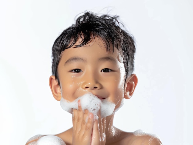 Clinica di bellezza per la cura della pelle carino ragazzino asiatico che posa per il lavaggio del viso