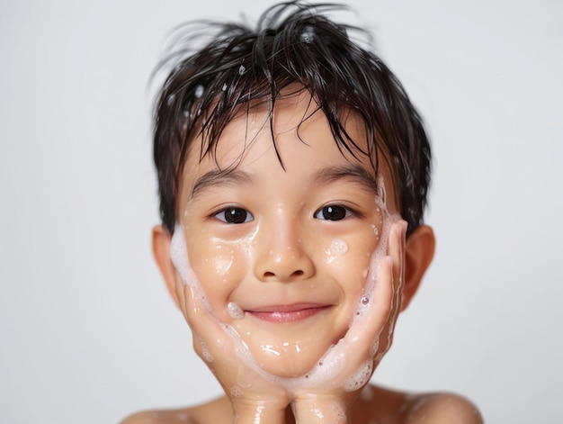Clinica di bellezza per la cura della pelle carino ragazzino asiatico che posa per il lavaggio del viso