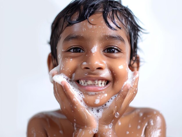 Clinica di bellezza per la cura della pelle carino ragazzino indiano che posa per il lavaggio del viso